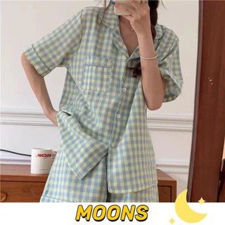 Moons⭐日系黃色格子奶fufu短袖睡衣女套裝 韓版開衫睡衣 短褲睡衣 兩件式睡衣 女生睡衣 成套睡衣 家居服套裝