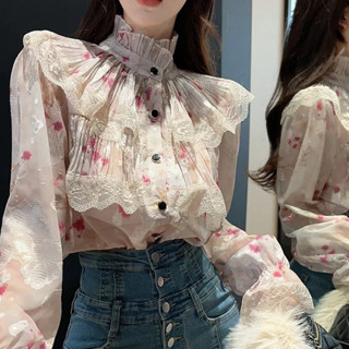 【特惠免運】上衣 衣服 襯衫 氣質立領碎花荷葉邊百褶喇叭袖襯衫女裝春季設計感輕熟宮廷風上衣