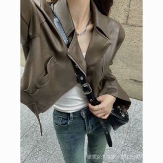 [蜜雪女裝]快速出貨 [30天熱銷2938件]歐貨翻領短款pu皮外套女加絨春秋新款高階感機車炸街小個子皮夾克 LX01