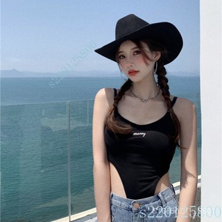 【店鋪熱銷】低價優惠 黑色歐美辣妹字母刺繡弔帶背心女三角連體上衣顯瘦設計感小眾外穿💖超實惠