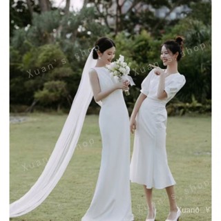 Xuan🥨新娘輕婚紗 法式 溫柔 魚尾裙 設計感 V領 中長款 緊身包臀 顯身材 新人登記洋裝 白色小個子洋裝 婚宴洋裝