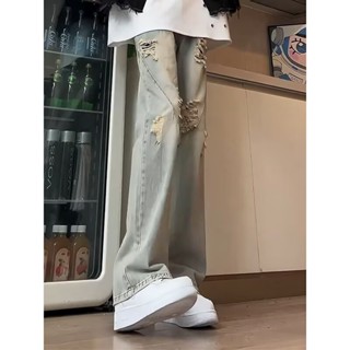 【HOT 本舖】男裝 微喇破洞牛仔褲男夏季薄款直筒寬鬆美式高街褲子潮牌黃泥復古長褲