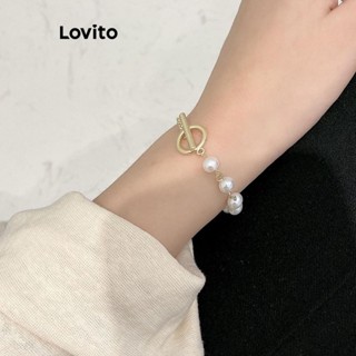 Lovito 女士優雅素色珍珠金屬手鍊 LFA26369