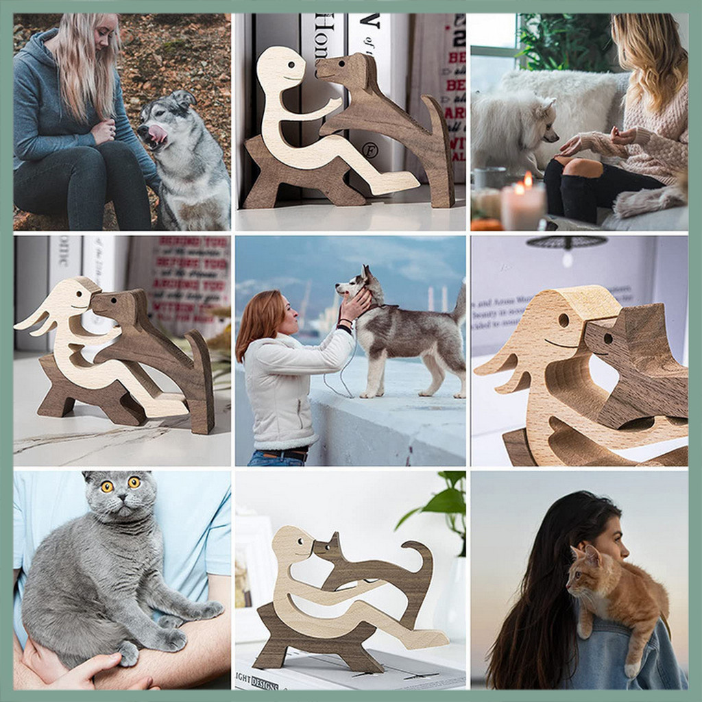 【Wx】木製動物雕刻擺件記憶禮物北歐風格可愛寵物和主人愛木雕像貓狗兔子鳥家居客廳裝飾公仔