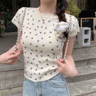 韓版碎花領結短袖針織t恤女2024夏季新款蕾絲設計辣妹修身短款上衣