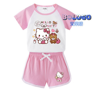 凱蒂貓 兒童夏裝套裝 Hello Kitty 男女寶寶熱褲短袖T恤短褲休閒運動童兩件套