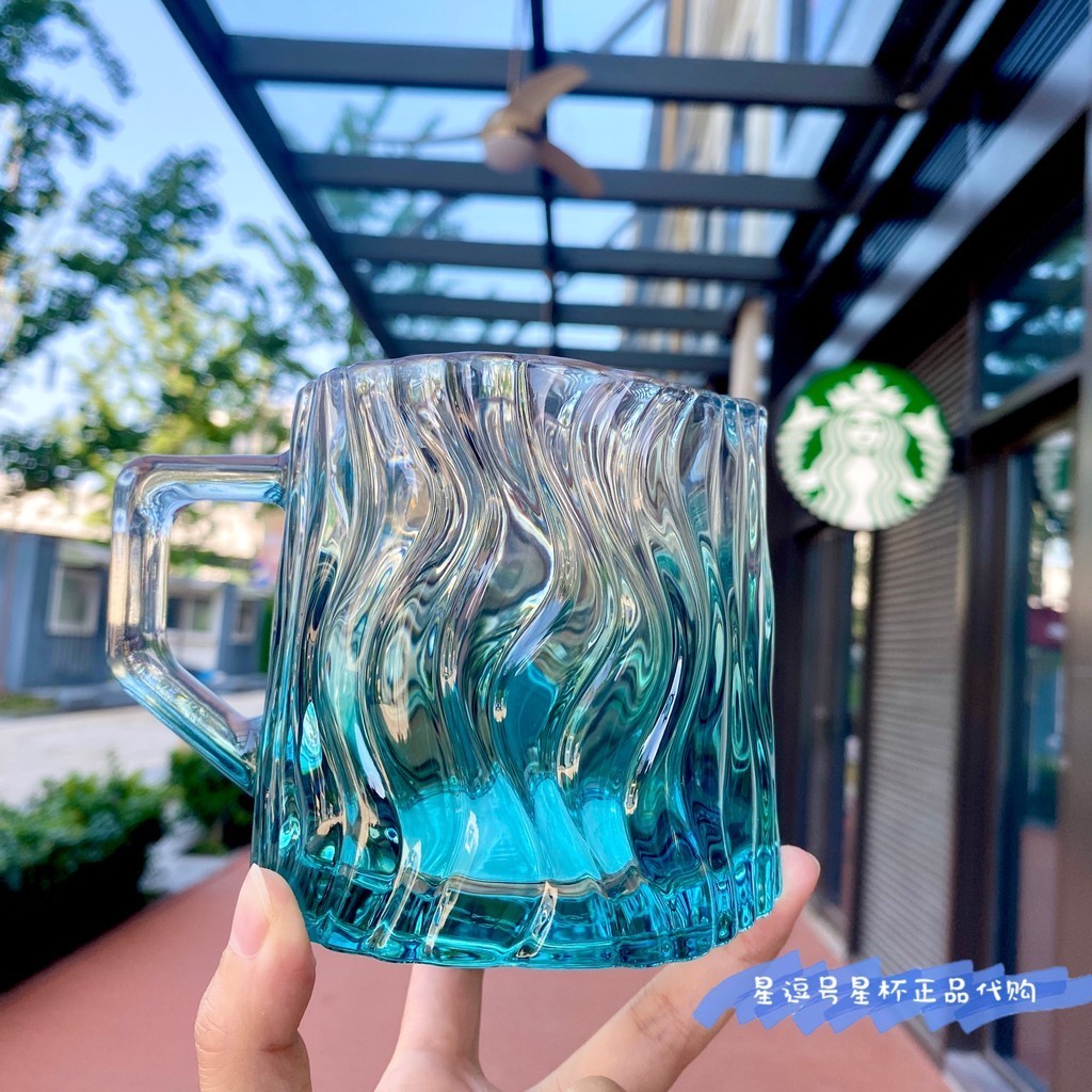 星巴克薄荷綠經典浮雕人魚波浪紋漸變海洋風冷水玻璃杯冰咖啡水杯