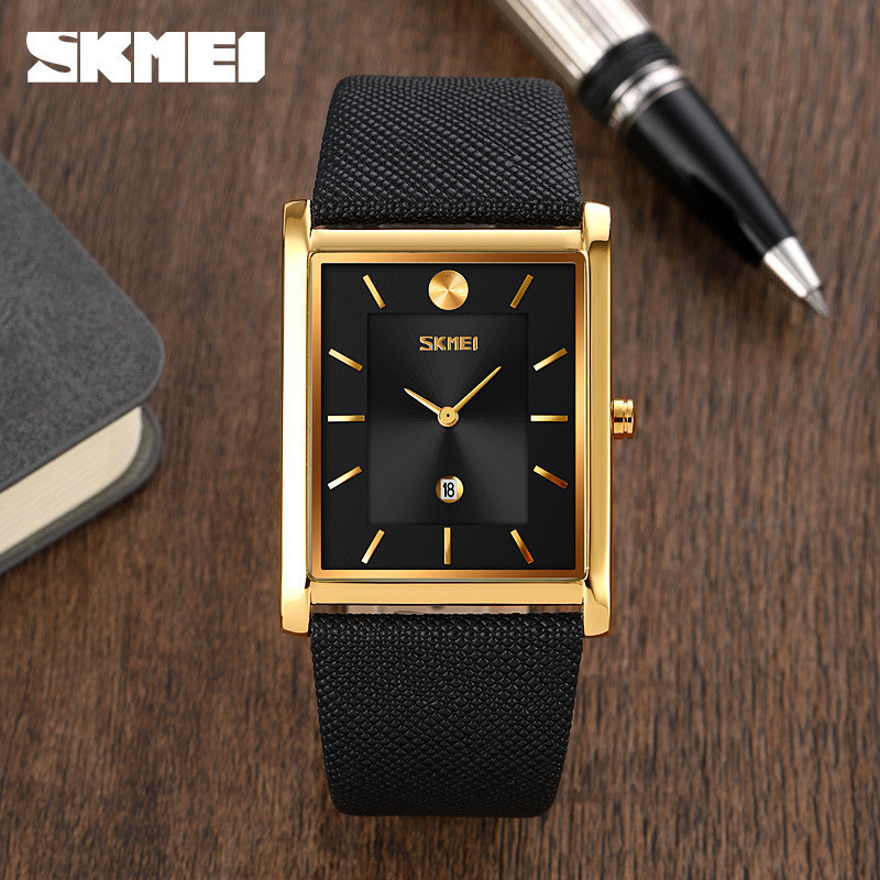 SKMEI輕薄簡約男女手錶  防水商務日曆石英錶方形復古皮帶腕錶9256