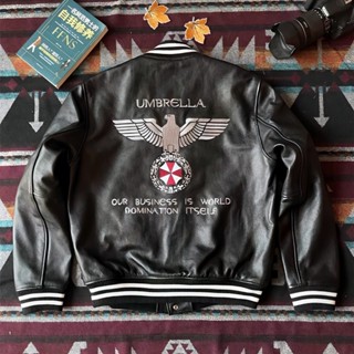[現貨特惠]男皮衣 男生皮外套 皮外套男 生化危機頭層牛皮棒球服皮夾克男士修身短款機車刺繡真皮皮衣外套