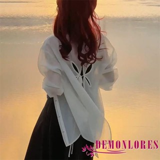 Demonlores-女式純色白襯衫簡約鏤空後背長袖翻領系扣上衣