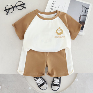 新款夏季男孩女孩衣服嬰兒棉拼布 T 恤短褲 2 件/套帶卡通玩具兒童時尚兒童運動服 0-5 歲