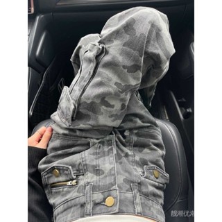 大尺碼複古風牛仔褲 闊腿破洞牛仔褲 顯瘦牛仔褲 闊腿寬褲迷彩工裝牛仔褲女2025年夏季新款高腰闊腿辣妹高街寬鬆顯瘦拖地褲
