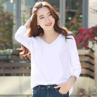 《現貨下單》白色打底衫女寬鬆百搭春秋長袖t恤v領秋衣2025年新款素色上衣服潮