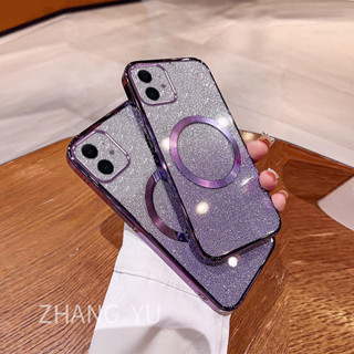 外殼iphone 11 12 PRO MAX 12 MINI手機殼磁吸貼片新款漸變光澤紙閃粉透明電鍍兩用軟殼