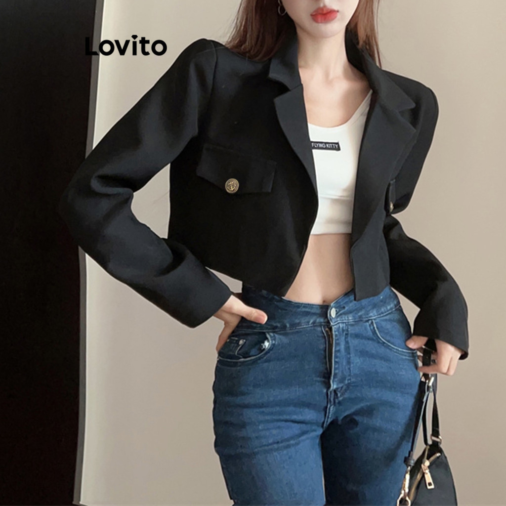 Lovito 女士休閒素色假口袋西裝外套 LNA35098 (黑色)