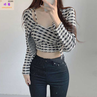 【咔蔓】 女生氣質套裝 韓版氣質小香風露腰格子吊帶背心+長袖小外套兩件套 短板套裝上衣 甜辣套裝 休閒辣妹性感套裝 時