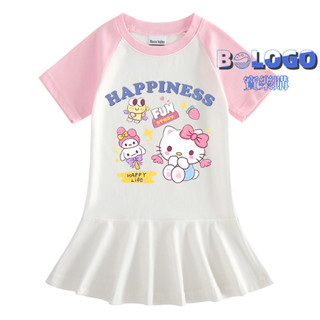 Hello Kitty 夏季新款韓版童裝 凱蒂貓 KT貓 卡通短袖女孩洋裝撞色女寶寶洋氣百褶裙子