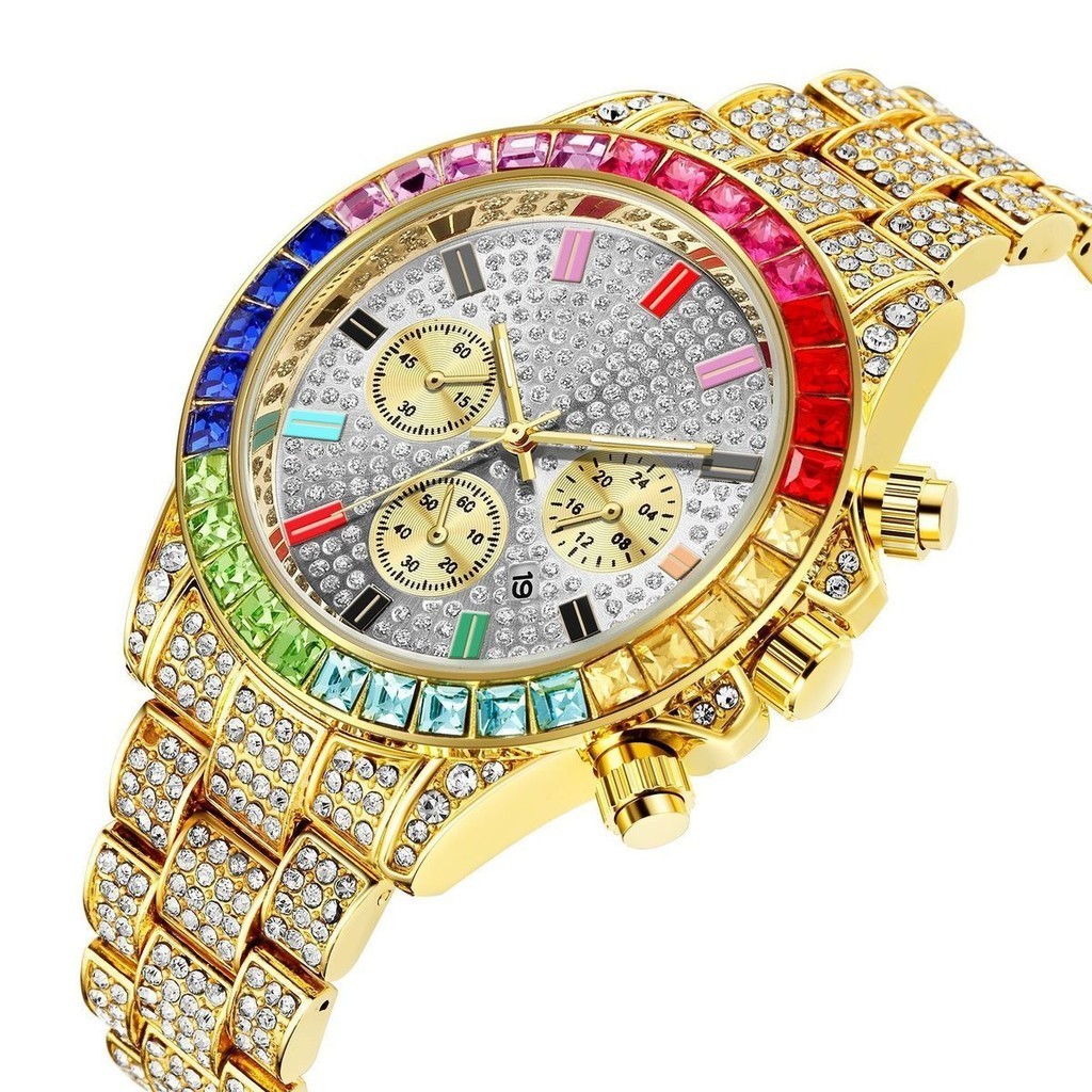 男士滿天星金錶鑲鑽滿鑽彩色時尚奢華嘻哈手錶潮流新款鑽石手錶男