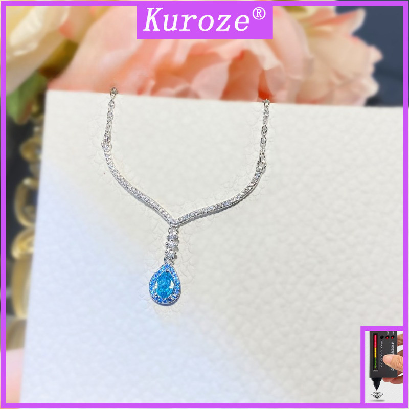 Kuroze輕奢ins風格設計進口高碳鑽石海藍寶石項鍊鑲嵌藍色冰花切割吊墜女