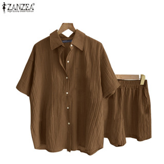 Zanzea 女式韓版襯衫領短袖鈕扣鬆緊腰上衣和短褲