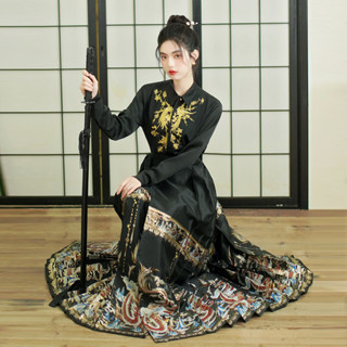 【桃喜Rich現貨】大碼織金馬面裙 S-4XL 龍鳳呈祥中國風刺繡襯衫 新中式女織金黑色馬面裙 原創漢服學生畢業套裝