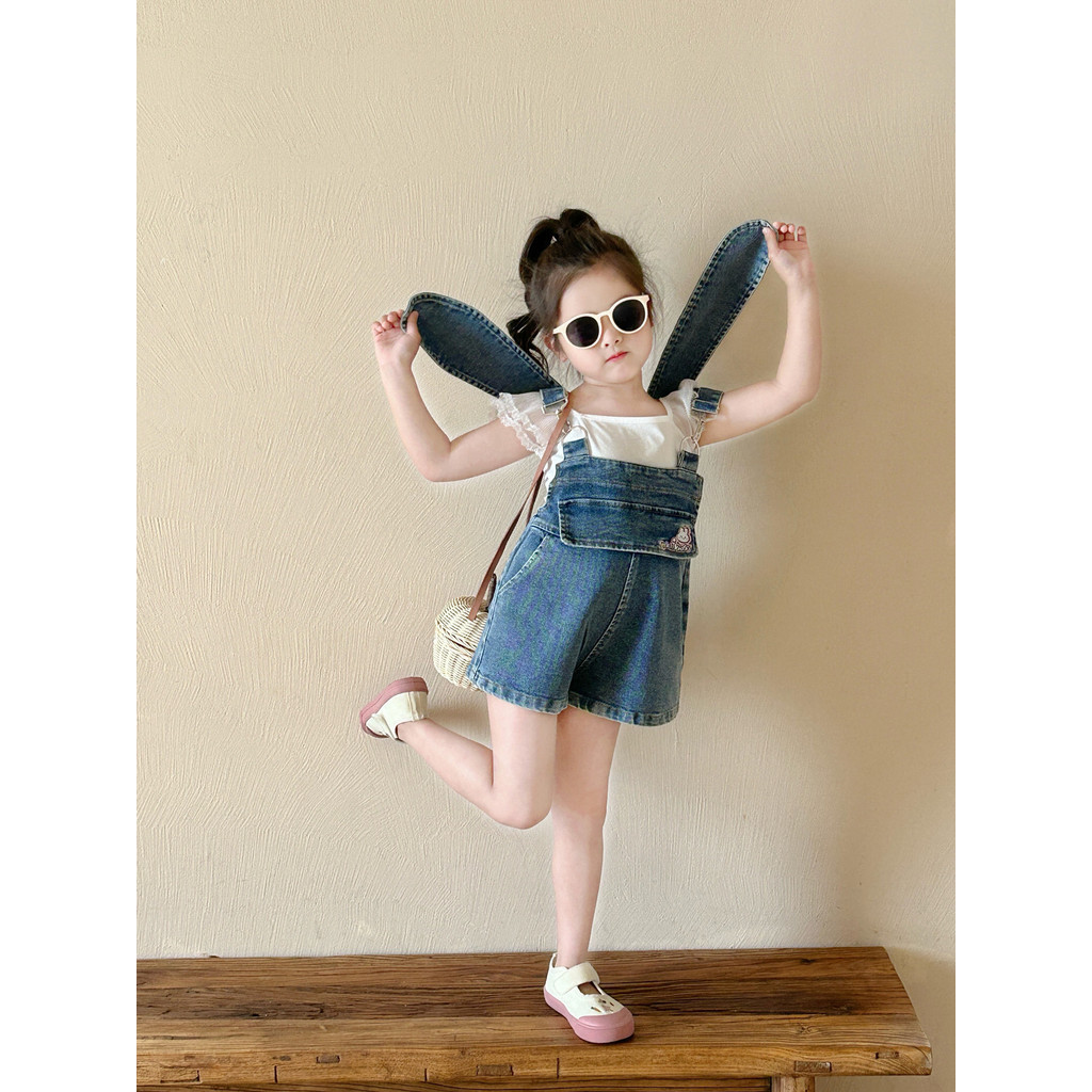 ✨HIKIDS✨2024夏季新款女童韓系套裝 女寶小飛袖T恤 兔耳朵牛仔揹帶褲 洋氣兩件套
