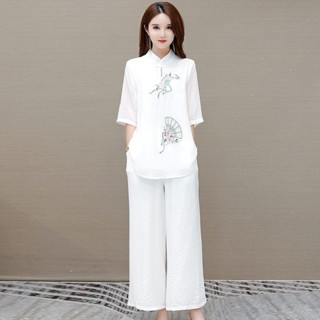 中國風兩件套女春夏新款綉花古風民國風唐裝漢服闊腿褲套裝|氣質媽媽套裝|ins潮套裝|高檔兩件套 JCL服飾