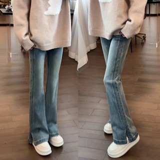 淺藍色開叉不貼腿微喇叭牛仔褲 復古牛仔褲 水洗長褲女 彈力褲 長褲 女生直筒牛仔褲 修身闊腿喇叭褲子 水洗微喇 夏季女裝