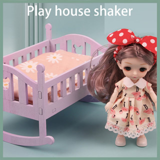 【Wx】1 套迷你嬰兒娃娃模型木製搖擺嬰兒娃娃嬰兒床套裝有趣的耐用睡眠模擬玩具過家家