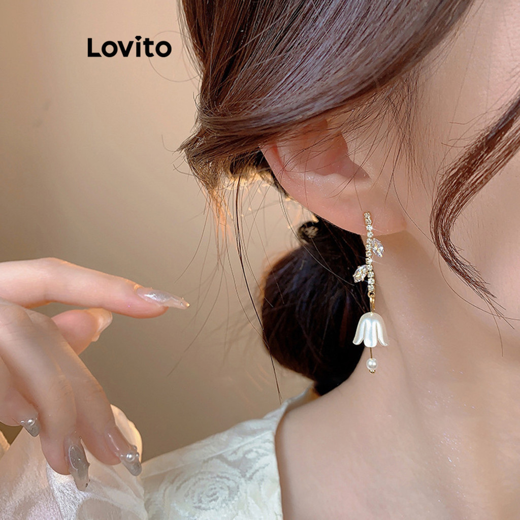 Lovito 女士休閒花卉花朵珍珠水鑽耳環 LFA27313