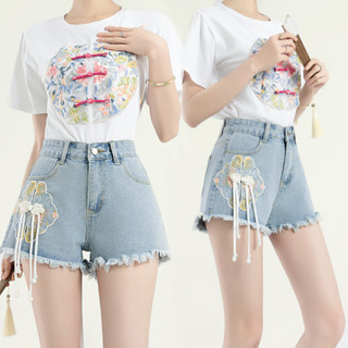📣📣主流女裝現貨✔️S-2XL👗復古t桖+短褲👗兩件式套裝2025夏新款設計感牛仔短褲女新中式刺繡盤扣流蘇闊腿A字熱褲