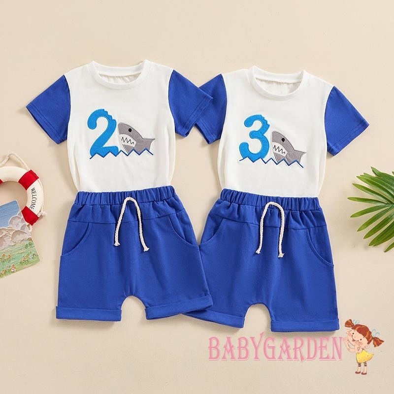 Baga-2-3 歲男嬰生日裝鯊魚印花短袖 T 恤和彈力短褲度假服裝套裝