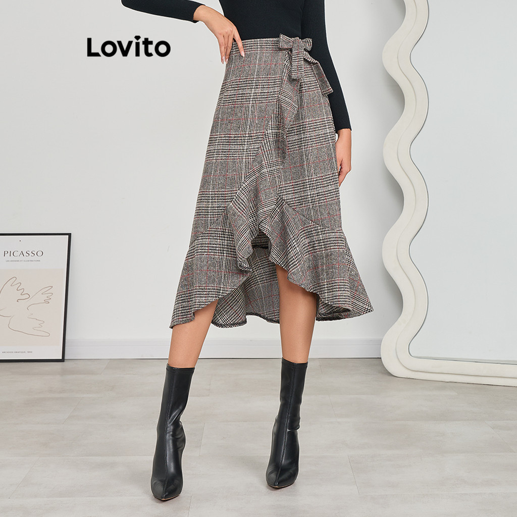 Lovito 休閒格紋裹身抽繩短裙 LBL11357