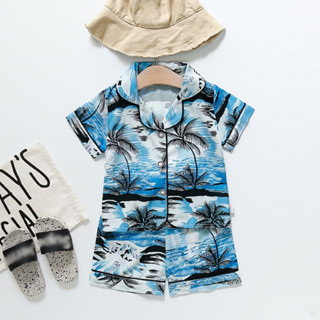 兒童男孩 Polo 衫嬰兒衣服沙灘風格短袖 T 恤男孩夏季海灘椰子樹絲綢睡衣