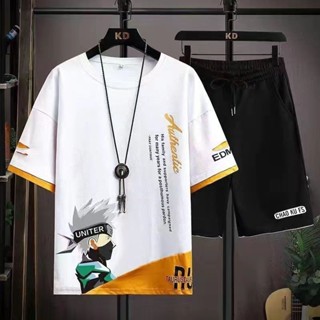 套裝男夏季短袖休閒運動韓版寬鬆青少年初高中學生T恤大尺碼兩件套