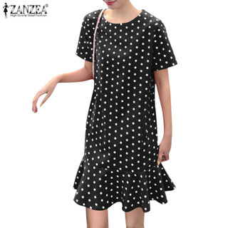 Zanzea 女式時尚韓版休閒波點圓領短袖寬鬆荷葉邊下擺連衣裙