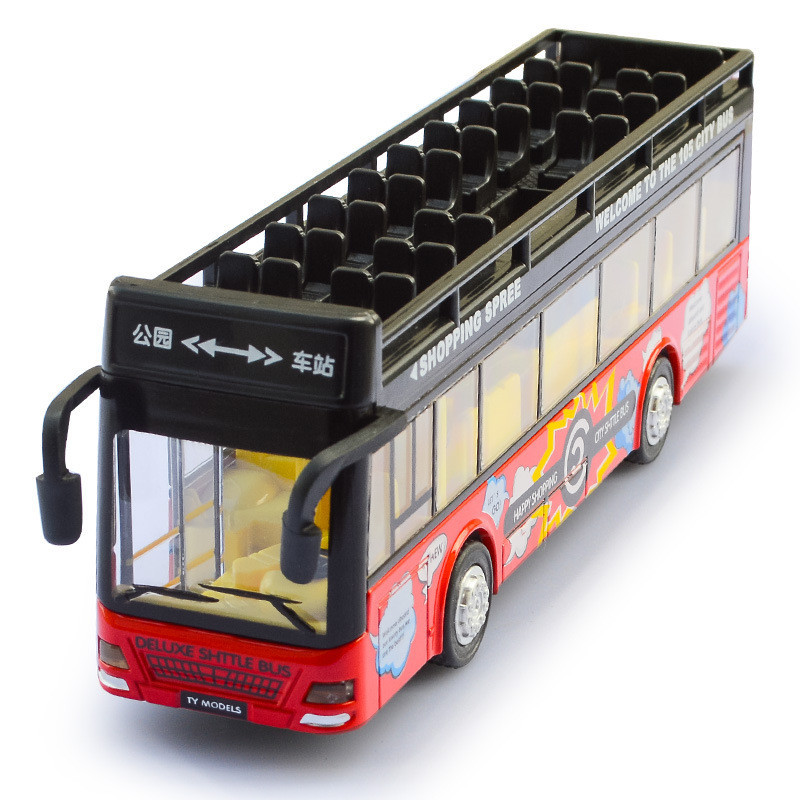 多彩音樂燈光雙層露天巴士公車合金車模型兒童玩具車