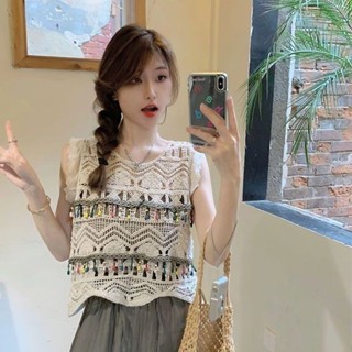 T恤 女 韓版 復古 鏤空上衣 防曬 吊帶 上衣 夏季 民族風 無袖 刺繡花 針織 小背心 寬鬆 罩衫