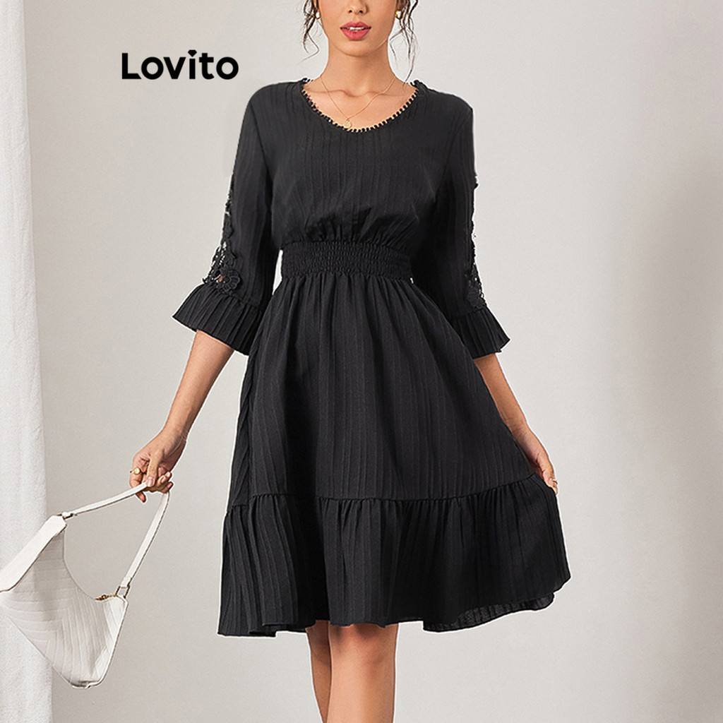 Lovito 女款優雅素色荷葉邊下擺連身裙 LBL11191