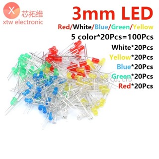 5色*20pcs=100pcs/發光二極管3mm LED燈元件封裝紅綠黃藍白