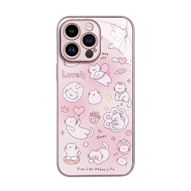 適用於蘋果15promax強化玻璃手機殼iPhone14pro全包鏡頭蘋果13粉色貓咪12promax可愛蘋果11卡通x