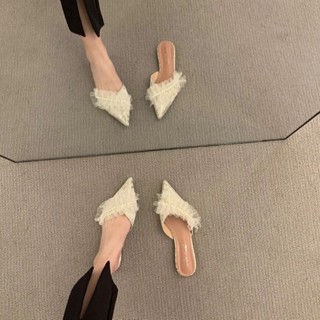 尖頭低跟鞋 法式 新中式包頭半拖鞋女外穿時尚網紅百搭平底防滑2024夏季新款無後跟懶人鞋小貓跟