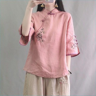 復古棉麻襯衫中式立領撞色盤扣中袖上衣繡花茶服春夏季女裝|氣質媽媽上衣|復古時尚T恤|ins潮媽媽裝 JCL服飾