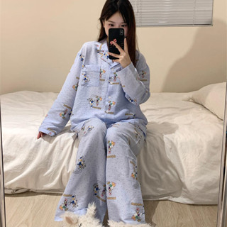 【有幸時光】日系少女ins甜美可愛波點唐老鴨睡衣女 春秋季長袖長褲睡衣兩件套 開衫睡衣 居家服套裝 雲朵棉睡衣