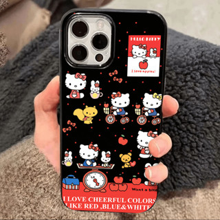Ins 騎行 Hello Kitty 圖案拋光黑色手機殼防摔手機殼適用於 iPhone 16 Promax 15 Pro
