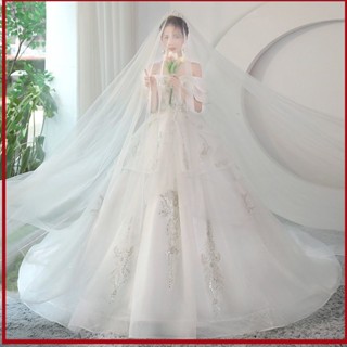 木棉花 【輕盈質感】一字肩 主婚紗禮服 新娘2025新款女 法式重工 宮廷風 遮手臂 大碼 長拖尾