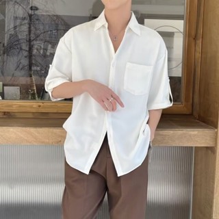 韓版襯衫 潮流男裝七分袖襯衫 輕熟風痞帥夏季高階感上衣 短袖襯衫