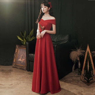 晚禮服 晚宴服 2025年春季敬酒服新娘禮服簡單大氣婚禮約會平時可穿一字領洋裝