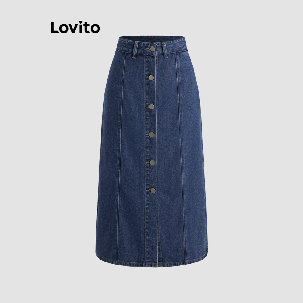 Lovito 女款休閒素色鈕扣牛仔裙 L117AD095