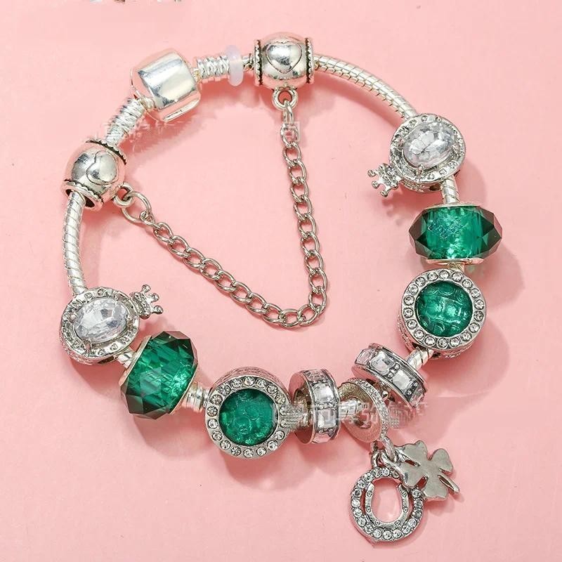 PANDORA 綠色玻璃珠手鍊適合潘多拉 DIY S925 銀鍊珠原創首飾手工飾品批發